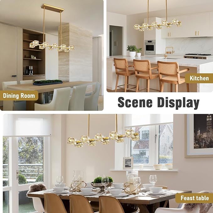 Modern Crystal Chandelier for Dining Room,Gold Pendant Lights Fixture with 10-Lights,Adjustable Height Hanging Ceiling Light for Kitchen Island,Bedroom,Over Table,Living Room