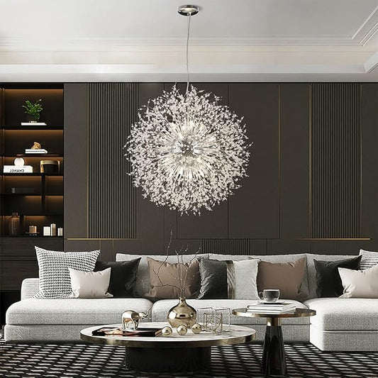 Modern Crystal Chandelier, 24-Light Firework Pendant Crystal Chandelier Chrome, 39.3" Large Dandelion Ceiling Light Fixture for Living Room Foyer Hallway
