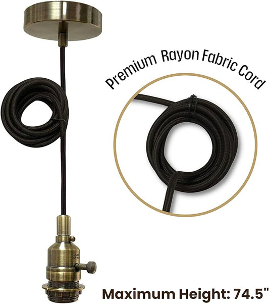 Royal Designs, Inc. Hanging Pendant Lighting, Vintage-Style Keyless Uno Threaded Dimmable Pendant Light Socket and Canopy, Antique Brass with Brown Rayon Fabric Cord