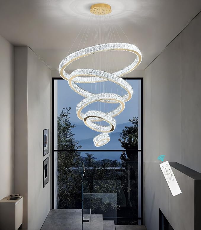 Modern High Ceiling Crystal Chandelier 90W Dimmable LED Chandeliers with Remote Luxury Height Adjustable Large Lighting Fixtures for Living Room Staircase Foyer Gold
