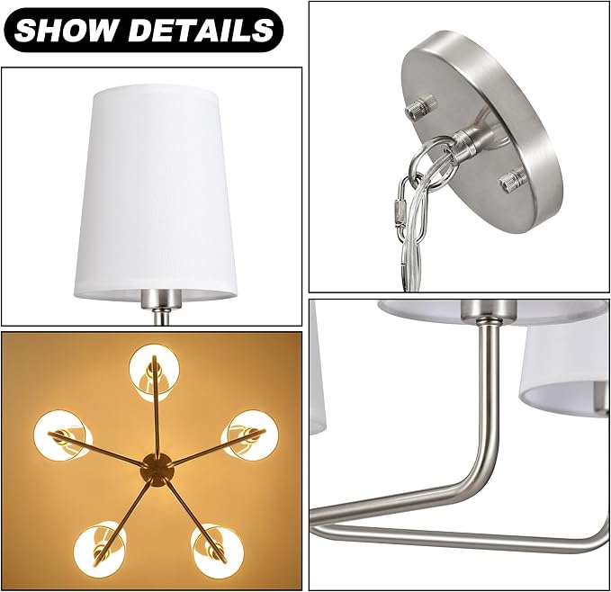 Modern Brushed Nickel 5-Light Chandelier, Farmhouse Industrial Dining Room Light Fixture Over Table with White Fabric Shade, Hanging Pendant Lighting for Kitchen Island Bedroom Living Room Entryway