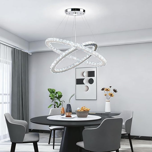 23.6'' Oval Crystal Chandelier, 2-Ring LED Pendant Island Light, 6500K Cool White Non-Dimmable Modern Ceiling Lighting for Kitchen Island Dining Room Living Room Bedroom