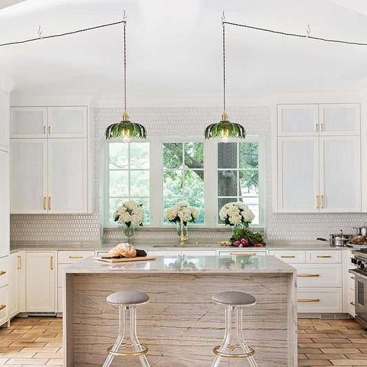 XZHGCEE Plug in Pendant Light Fixtures: Hanging Light Plug in Green Glass Hanging Lamp, Pendant Lighting for Kitchen Island, Bedroom, Dining Room, Living Room, E26 No Bulb