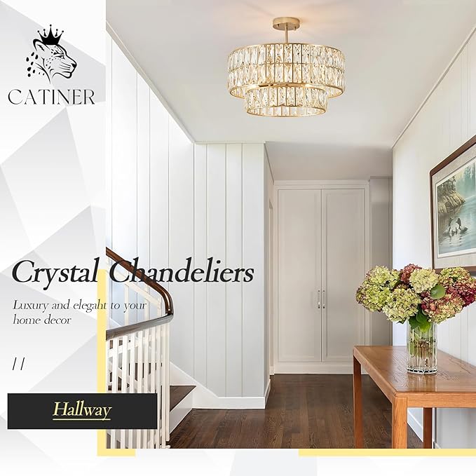 CATINER 20'' Modern Gold Crystal Chandelier Luxury Semi Flush Mount Ceiling Light Fixtures 6-Lights Round Crystal Pendant Chandelier for Dining Room Foyer Living Room Bedroom