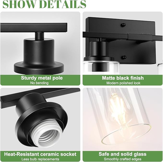 MOKATNG 5-Light Bathroom Light Fixtures, Vanity Light with Clear Glass Shades, Matte Black Bathroom Light Fixtures Over Mirror, Modern Bathroom Wall Lamp for Mirror Living Room Cabinet Bedroom