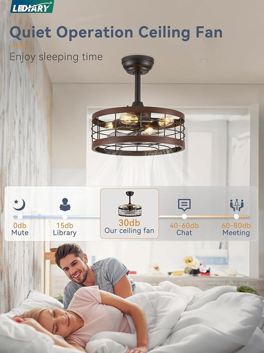 LEDIARY 16.5in Caged Ceiling Fan with Light, Bladeless Industrial Ceiling Fan with Remote, Rustic Metal Fan Lights Ceiling Fixtures for Kitchen, Farmhouse, Bedroom(6 Speed,1/2/4/8h Timing)-Walnut