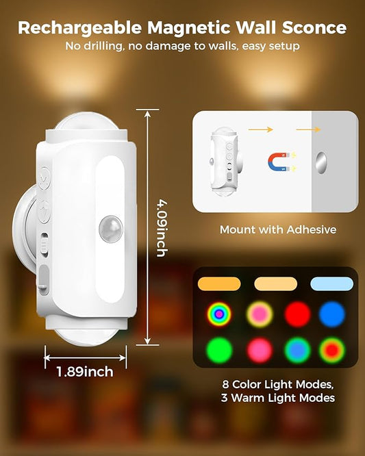 Motion Sensor Wall Light, Rechargeable Peel and Stick on Sconce Set of 2, Wireless No Drill RGB Wall Lamps, Magnetic Battery Operated Indoor Lighting for Hallway, Stairs, Bedroom, Bathroom, Bar Decor