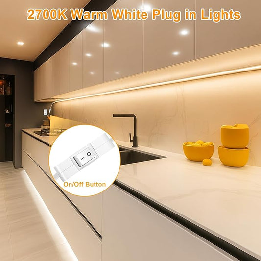 maylit Under Cabinet Strip Lighting Plug in 84in, Ultra Bright Small LED Light Bar, 2700K Warm White, Wired Lights for Kitchen Cabinet, Counter, Workbench, Desk, Closet, Shelf, Indoor