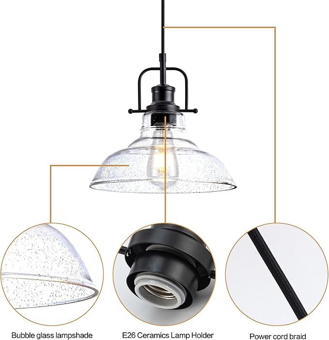 Zlepmlla Glass Pendant Light,Black Pendant Light Fixtures with Seeded Glass Shade, Adjustable Height Hanging Lights for Hallway, Kitchen Island, Dinning Room(Bulb not Included)