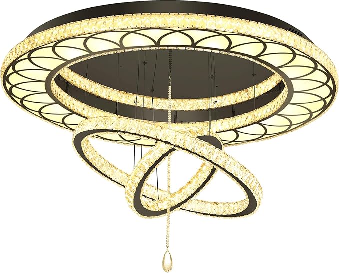 Flashing God W40'' Modern Chandeliers for Living Room Large Crystal Chandelier Flush Mount Crystal Ceiling Light LED Dimmable Pendant Light for Hallway Entryway Foyer Black