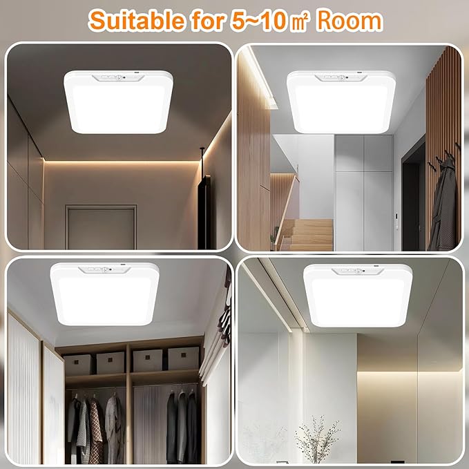 Rechargeable Ceiling Light with Motion Sensor & Remote, 3 Color Temperature (3000K/4500K/6500K), Timer & USB-C Battery Operated for Bathroom Shower Stairs Hallway Garage Pantry Porch (1 Pack)