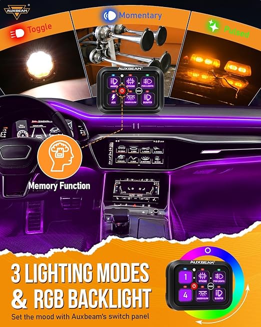 Auxbeam RGB 6 Gang Switch Panel RA60 Auto-Dimmable Switch Panel w/Momentary Toggle Pulsed Memory Function, 12-24V Switch Panel for Truck UTV Car Boat Waterproof, 3-Year Warranty