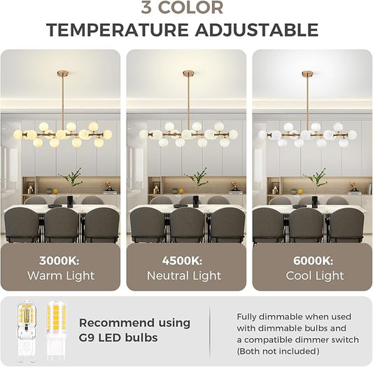 Grey Linear Chandelier, Modern Sputnik Ceiling Fixture with Adjustable Height & Dimmable Glass Shades for Dining Room, Office, Mid-Century Design