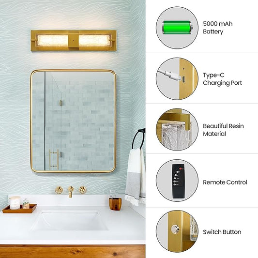Battery Operated Resin Wall Sconce - Wireless Rechargeable Gold Wall Light Dimmable LED Remote Wall Sconces Lighting Modern Cordless Brushed Brass Vanity Light Fixture for Living Room Bedroom Bathroom