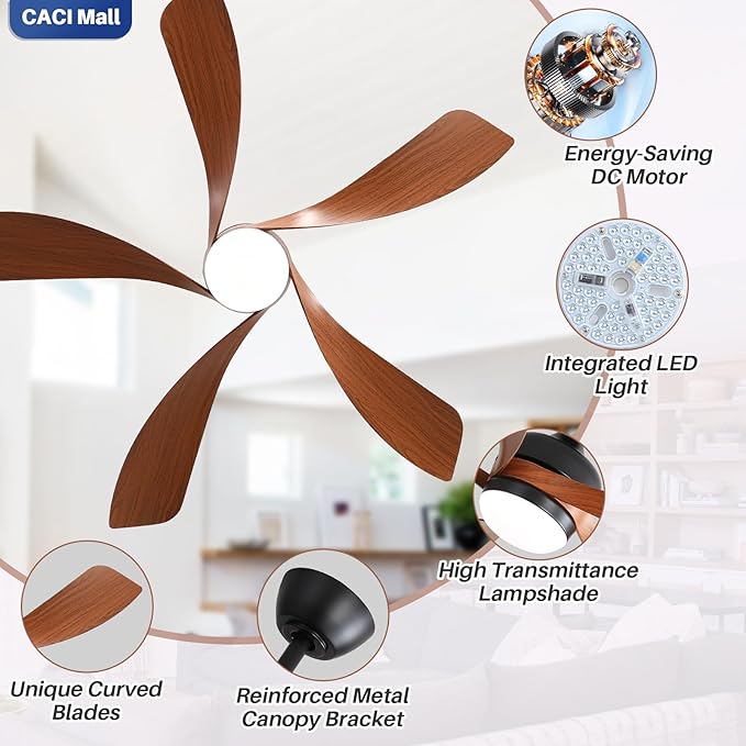 CACI Mall 52 inch Smart Ceiling Fan with Lights, Remote Control, Compatible with Alexa/Google/App, 5 Blades, Dimmable Lighting, Quiet, Indoor/Outdoor Ceiling Fans for Living Room, Bedroom, Patios