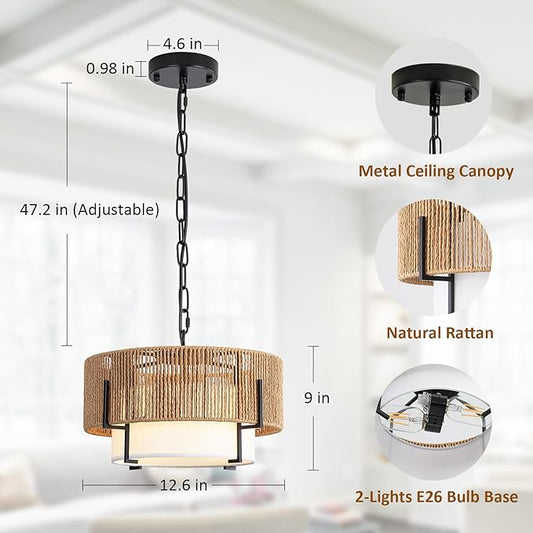 12.6" Rattan Pendant Light, Boho Chandelier Light Fixture with Fabric Shade, Farmhouse Rattan Hanging Ceiling Lighting Fixture for Dining Room, Living Room, Kitchen Island, Bedroom, Hallway, Foyer