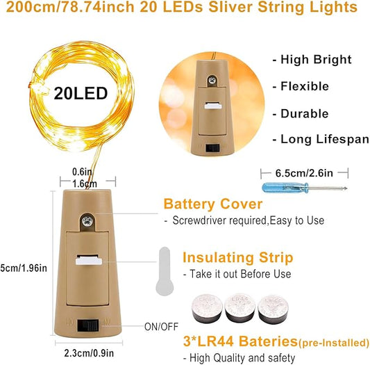 VOOKRY Wine Bottle Lights with Cork, 16 Pack 20LED Fairy Lights Battery Operated Mini Copper Wire Cork Lights for Liquor Bottles DIY Party Wedding Christmas Festival Bar Decoration(Warm White)