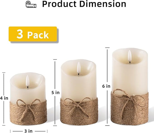 AKU TONPA Flameless Candles Battery Operated Pillar Real Wax Electric LED Candle Gift Set with Remote Control and Timer, 4" 5" 6" Pack of 3, Ivory Wax with Hemp Rope