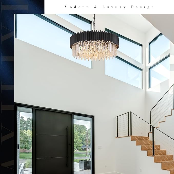 Large Crystal Chandelier Modern Black Chandelier for High Ceiling 12 Lights Large Staircase Lighr Round Pendant Light Fixture Hanging Ceiling Light for Dining Room Living Room Entryway Foyer