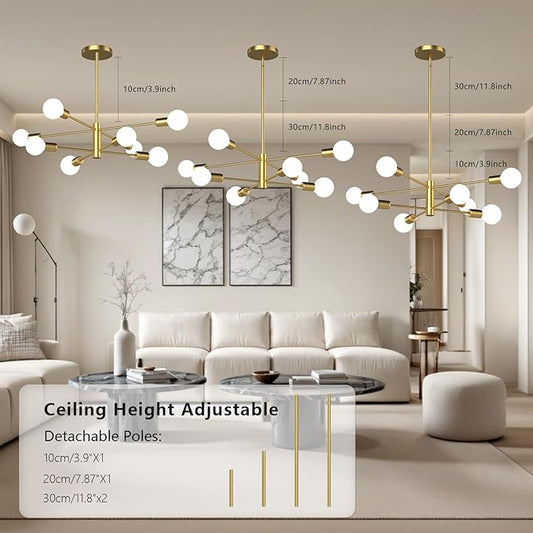 Gold Modern Sputnik Chandelier 8-Lights Mid Century Chandeliers Flush Mount Sputnik Lights Fixture for Dining Room, Living Room,Kitchen Island Height Adjustable (Bulbs Not Included)