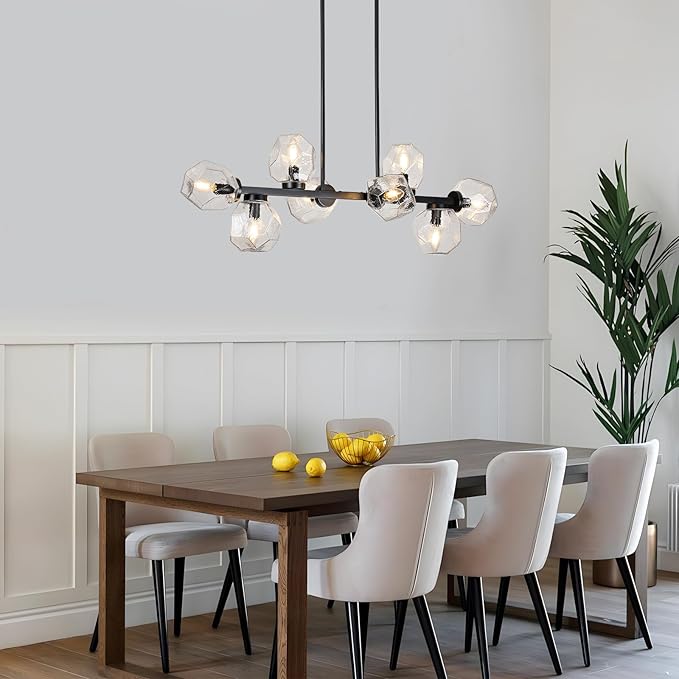 Jonsi Modern Linear Chandeliers 8 Light Clear Glass Dining Room Light Fixture 39"" Black Mid Century Chandelier Pendant Light for Living Room Kitchen Island