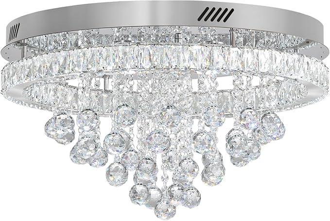Dia 24" Modern Crystal Chandeliers for Dining Room,Silver Raindrop Chandelier Flush Mount Chandeliers for Living Room Bedrooms Dining Room Dimmable 2700k 4500k 6000k