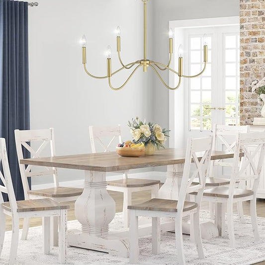 6-Light Gold Chandelier, Modern Gold Pendant Light, Adjustable Height Farmhouse Chandelier, Ceiling Light Fixture for Dining Room Bedroom Foyer Living Room Kitchen Island
