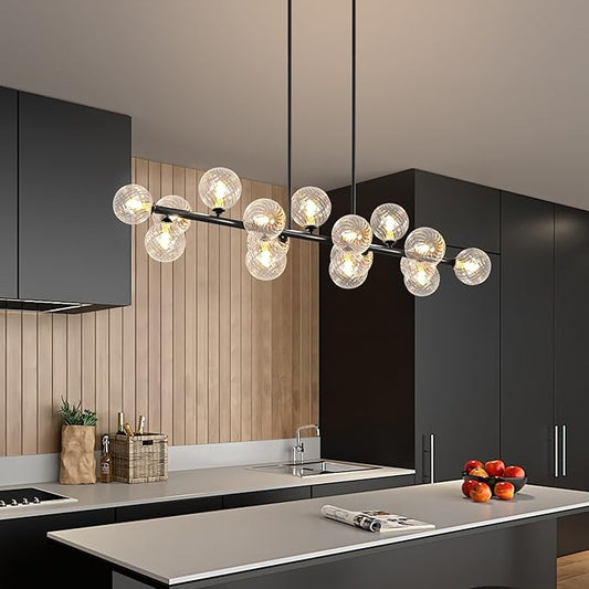 16-Light Linear Chandelier,55" Black Sputnik Chandeliers Clear Globe Modern Chandeliers for Dining Room Light Long Large Chandelier Sputnik Ceiling Light Fixture Pendant Lights Kitchen Island