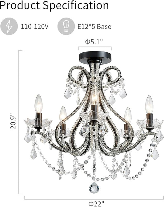 WUZUPS 5-Light Crystal Candle Chandelier Flushmount Ceiling Light Modern Lighting Fixture for Bedroom Hallway Bar Kitchen Bathroom, H 20.9" W 22", E12 Base, Black