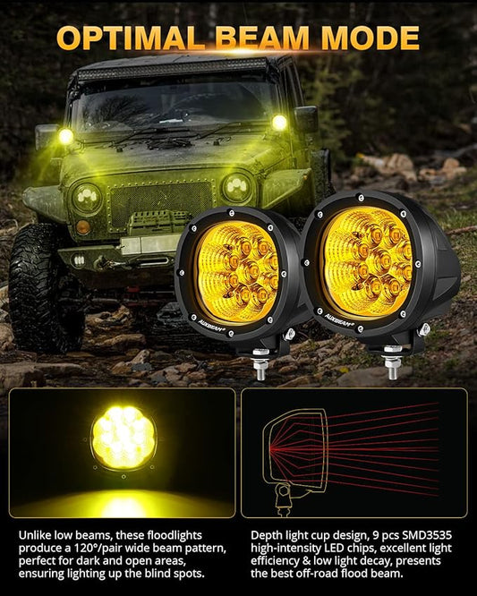 Auxbeam P4 Series Flood Beam Amber Round Light Pods, 4 Inch 90W Yellow Flood Light Bar Backup Reverse, LED Offroad Lights Automotive Work Lights Super Bright Fog Lamp, Pair