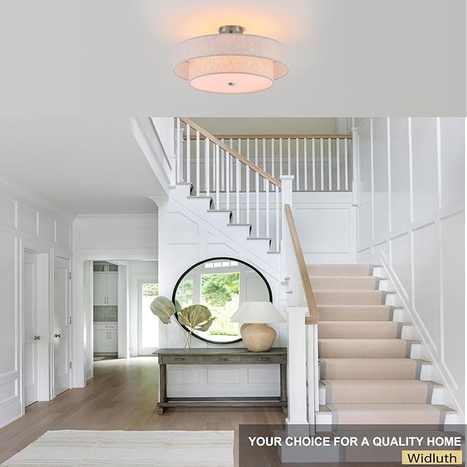 21.7" Modern Semi Flush Mount Ceiling Light 4-Lights Linen Drum Ceiling Lighting with Chrome Finish, Vintage Ceiling Light Fixture for Laundry Room, Kitchen, Living Room, Dining Room, Bedroom