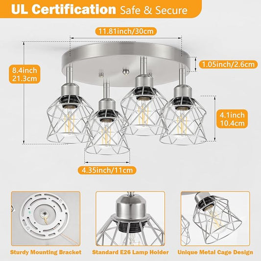 Baocuz 4-Light Brushed Nickel Kitchen Light Fixtures, Modern Hallway Light Fixtures Ceiling, Adjustable Multi-Directional Indoor Silver Metal Cage Close to Ceiling Lights for House Bedroom