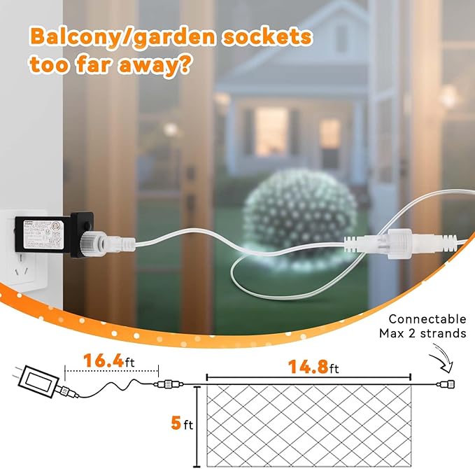 LitHome 14.8FT x 5FT Christmas Net Lights, 300 LED Net Lights Outdoor Mesh Light with 8 Modes, Connectable Waterproof Cool White Christmas Mesh Light for Bushes, Garden, Backyard, Xmas, Holiday Decor