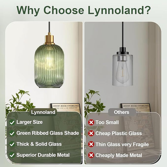 2 Pack Pendant Lights with Vintage Green Ribbed Glass Lampshade, Adjustable Brushed Gold Pendant Lights Fixtures for Kitchen Island Lighting Sink, Dining & Living Room Hallway (Bulbs Not Included)