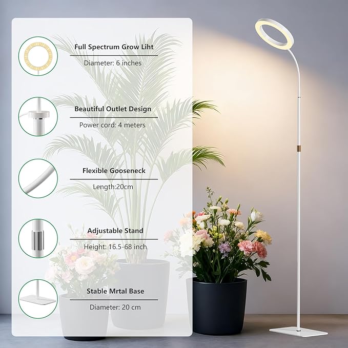 Dual Head Grow Light for Indoor Plants,Full Spectrum Halo Plant Lights with Stand, Floor Standing Growing Lamp with Adjustable Height,Auto Timer,Dimmable Brightness for Tall Large Plant(White