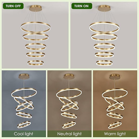 Benkut 5-Rings Modern LED Chandelier Gold High Ceiling Chandelier with Remote Control Dimmable Pendant Lighting for Dining Room Foyer Living Room Entryway Staircase(3000K-6500K, D23.6in)
