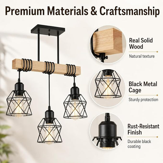 3 Light Farmhouse Ceiling Light,Pendant Light Kitchen Island,Dining Room Chandelier Light Fixture Over Table,Rustic Hanging Light for Kithen,Dining Room,Real Wood,Black Metal Cage