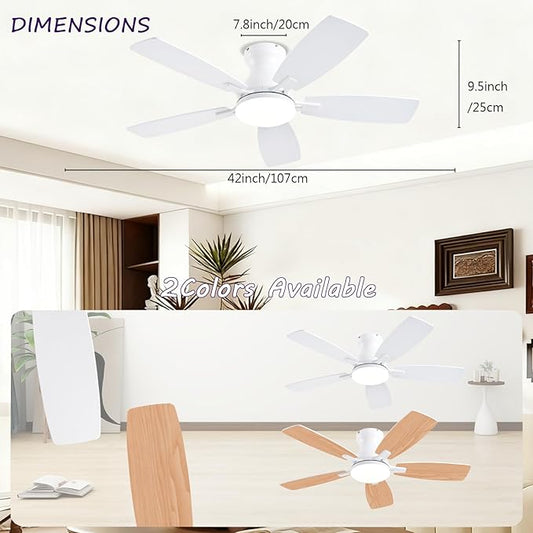 NKPU Ceiling Fans with Lights, Low Profile Ceiling Fan with Light and Remote/APP Control, DC Motor, Noiseless, Flush Mount, 42inch White Ceiling Fan for Bedroom Indoor/Outdoor Use