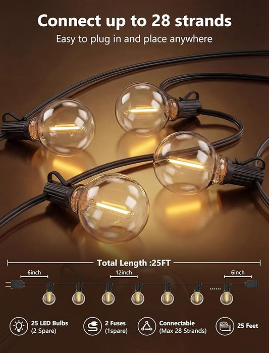 LED Outdoor String Lights, 25Ft G40 Globe Patio String Light Waterproof with 27 LED Warm White Bulbs, Hanging Outdoor Lights for Backyard Garden Porch Bistro Wedding Party Holiday Decor, Black Wire