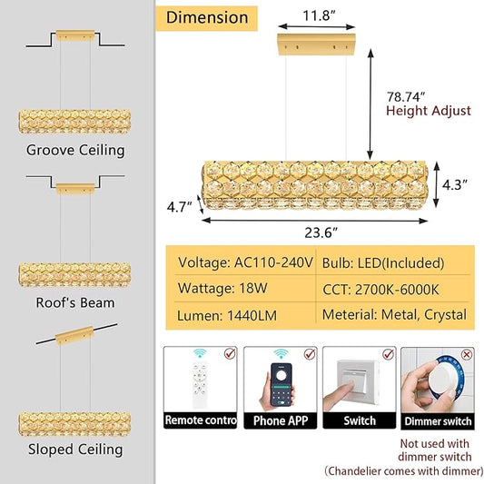 24'' Modern Crystal Chandelier for Dining Room Ceiling Light Fixture for Living Room Hallway Lighting LED Dimmable with Remote Gold