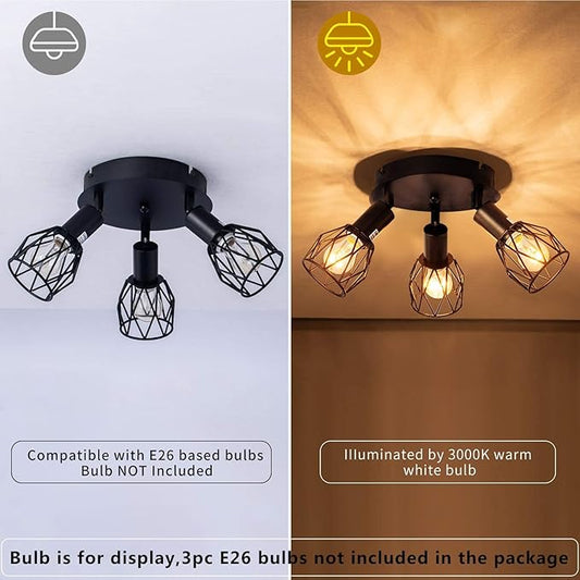 Industrial Semi Flush Mount Ceiling Light, 3-Light Multi-Directional Ceiling Light Fixtures, Vintage Black Metal Wire Cage Farmhouse Pendant Lighting for Kitchen Dining Room Hallway Foyer Bedroom E26