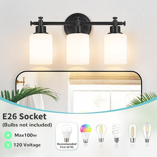 3-Light Black Bathroom Light Fixtures, Modern Vanity Lights Over Mirror, Bathroom Wall Sconces with White Glass Shade, E26 Socket, 15.75" Compact Vanity Light Fixtures