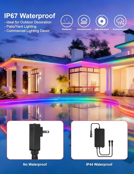 40ft COB LED Strip Lights Outdoor, COB Strips RGB Smart IC IP67 Waterproof Dimmable ,Color Flowing Tape Light with App Control & Music Sync, Dotless LED Light for Outdoor,Patio,Garden,Party Deco