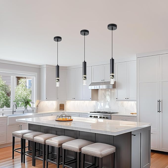 Pendant Lights Kitchen Island Dimmable LED 1-Light Black Pendant Hanging Light with Bubble Crystal Shades, Modern Kitchen Pendant Lighting Mini Pendant Light