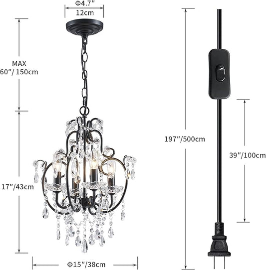 Saint Mossi 4-Lights Crystal Chandelier with Plug, Black Chandelier Light Fixture, Farmhouse Pendant Light Fixtures,K9 Crystal with Black Frame, H17 x D12,Chain Adjustable