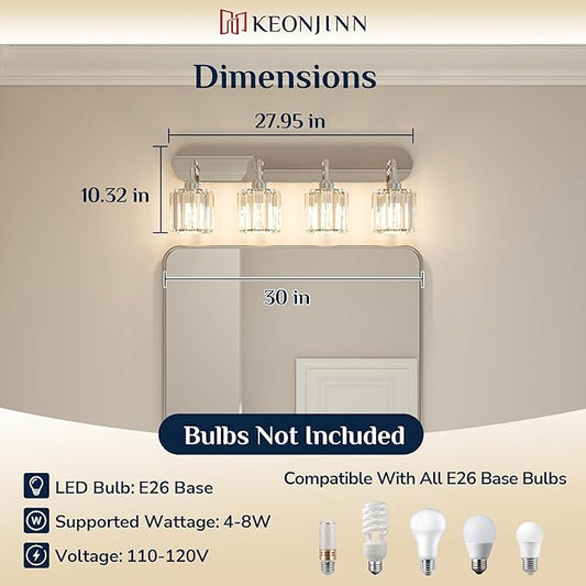 Keonjinn 4-Light Bathroom Light Fixtures, Crystal Chrome Bathroom Vanity Lights Over Mirror, Vanity Lighting Fixtures with Crystal Square Shades (E26 Socket, Exclude Bulb)
