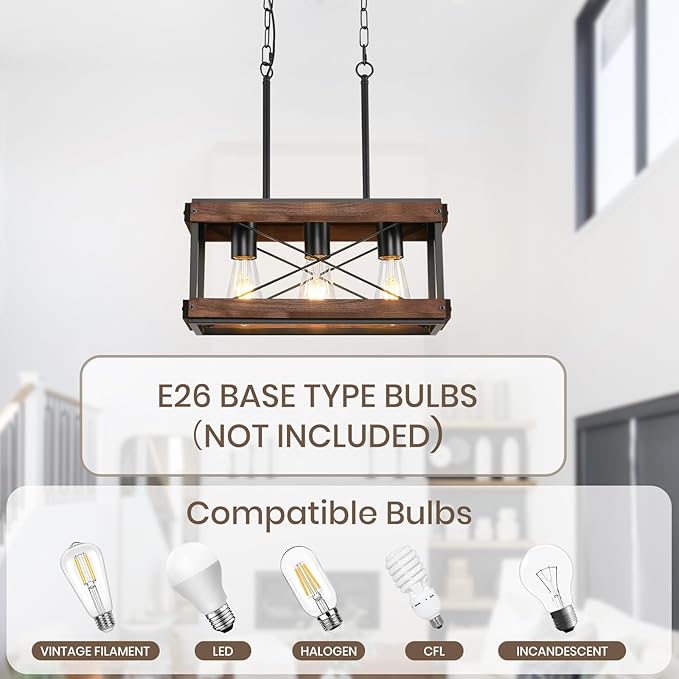 Genuine Wood Farmhouse Kitchen Island Light, 3-Light Rustic Pendant Chandelier with Adjustable Height, Metal Linear Hanging Lamp for Dining Room Bar Pool Table