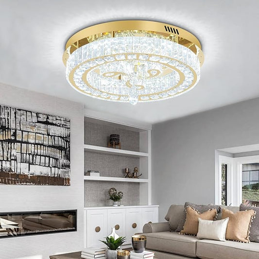 20'' Gold Modern Crystal Chandelier LED Dimmable Flush Mount Crystal Ceiling Light for Living Room Bedroom Dining Room