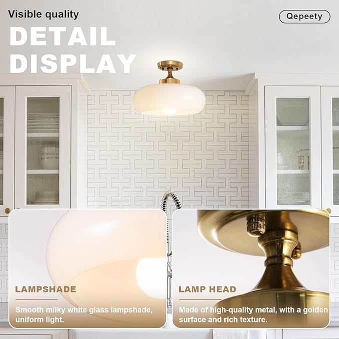 2 Pack Modern Semi Flush Mount Ceiling Light 1-Light Gold Ceiling Light Milky White Glass Shade Vintage Gold E26 Socket (Bulbs Not Included) Rustic Ceiling Light Fixture for Bar Cafe Office