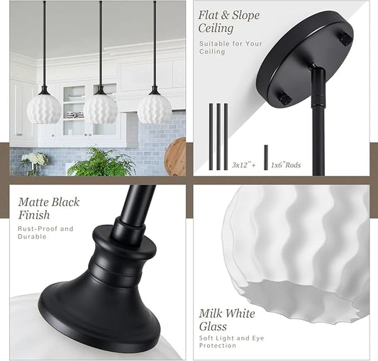 Black Pendant Lights Kitchen Island 2 Pack, 7.3" Modern Pendant Light Fixtures with Frosted Milk Glass, Adjustable Height Hanging Lighting for Kitchen Sink Bathroom, E26 Base